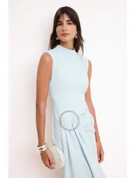 Light Blue Woven Midi Dress with Accessory Detail - 1