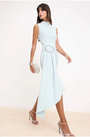 Light Blue Woven Midi Dress with Accessory Detail