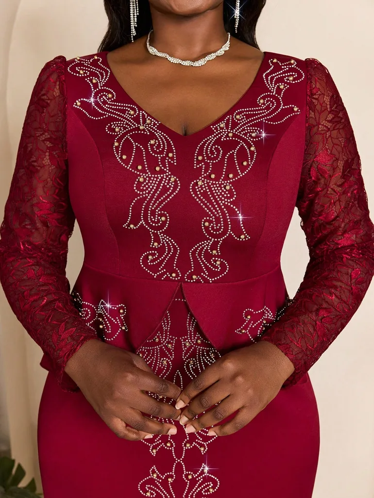 Leely Plus Women's Elegant V Neck Long Sleeve Party Dress - 2