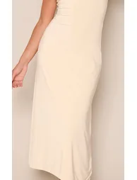 White Double Layer Slinky Asymmetrical Ruched Midaxi Dress - 3