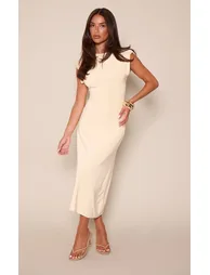 White Double Layer Slinky Asymmetrical Ruched Midaxi Dress