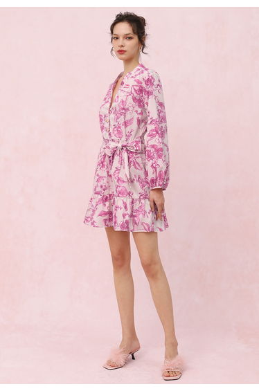 Watercolor Hot Pink Flower Lantern Sleeves Mini Dress product thumbnail 4