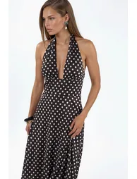 Polka Dot Midi Dress with Halter Collar - 4