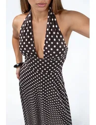 Polka Dot Midi Dress with Halter Collar - 5