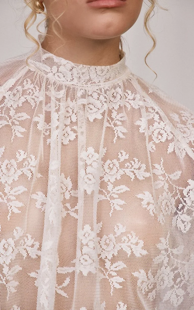 Cream Lace High Neck Ruffle Sleeve Blouse Co-ord - 3