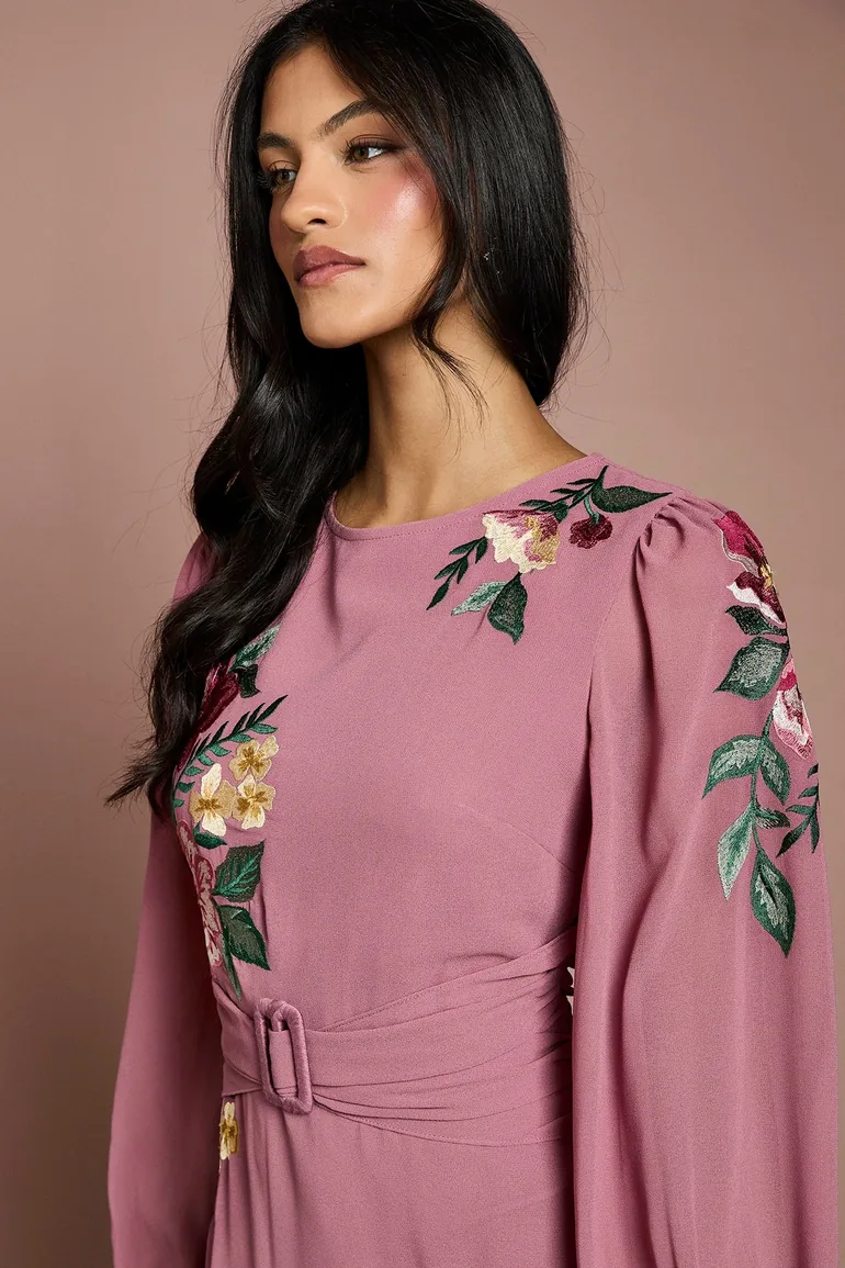 Petite Embroidered Long Sleeve Belted Midi Dress - 3