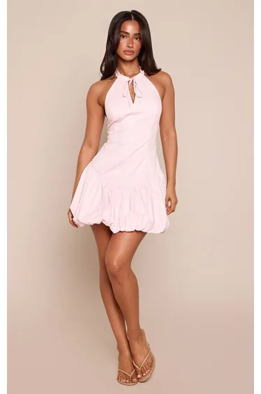 Petite Baby Pink Cut Out Tie Neck Woven Puffball Mini Dress