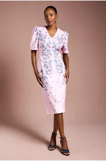 Puff Sleeve Floral Placement Print Structured Cotton Pencil Dress