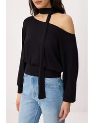 Black Open Shoulder Shawl Accessory Detailed Regular/Normal Fit Knitted Blouse - 2
