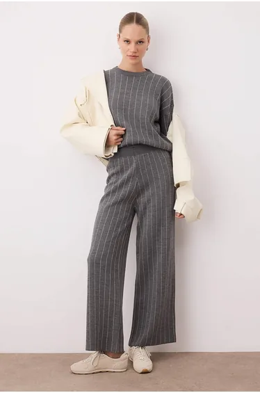 Anthracite Striped Sweater-Pants Knitwear Bottom-Top Set
