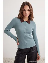 Wardrobe Essentials Mint Premium Special Yarn Polo Collar Knitwear Cardigan - 1
