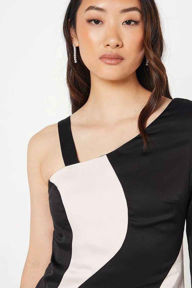 Colour Block One Shoulder Satin Dress - 1