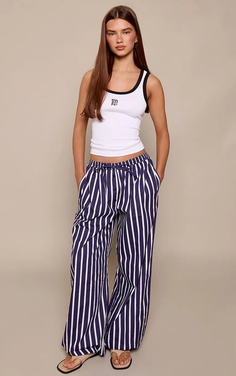 Blue Striped Cotton Boxer Detail Balloon Trousers