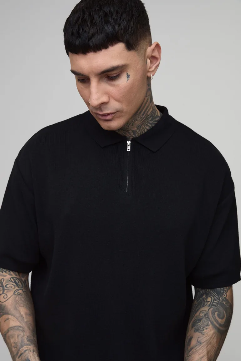 Tall Oversized Boxy 1/4 Zip Cotton Blend Knitted Polo - black - 2