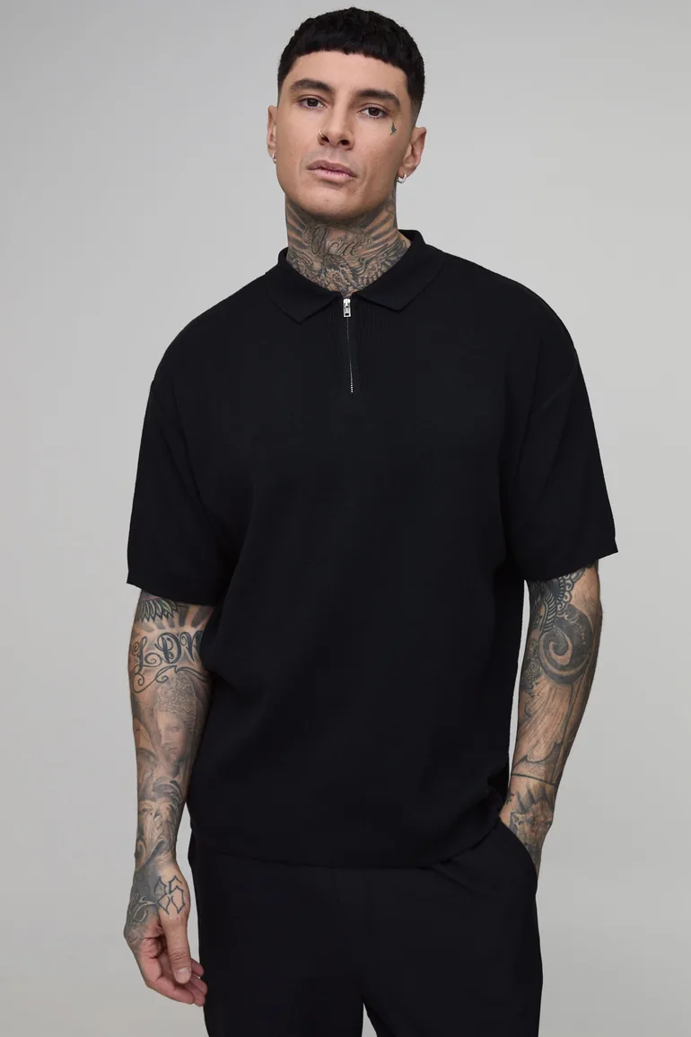 Tall Oversized Boxy 1/4 Zip Cotton Blend Knitted Polo - black