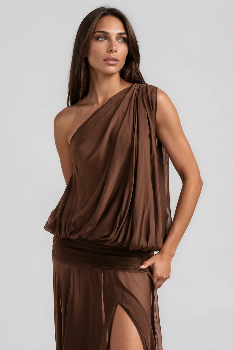 Javaid One Shoulder Mesh Draped Maxi Dress In Brown - 4