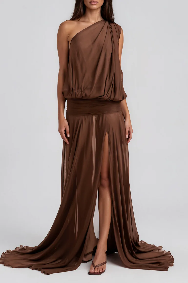 Javaid One Shoulder Mesh Draped Maxi Dress In Brown - 1