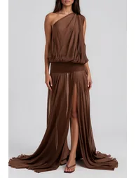 Javaid One Shoulder Mesh Draped Maxi Dress In Brown - 1