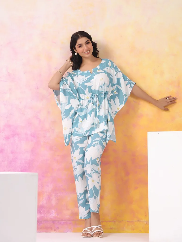 Women Floral Rayon Print Kaftan Top and Trousers Set