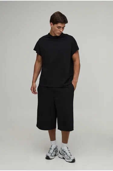 Oversized Boxy Loopback Cap Sleeve T-Shirt and Jorts Set - black