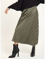 Khaki Polka Dot Satin Midi Skirt - 3