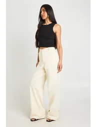 Tall Turn Up Hem Twill Wide Leg Trousers - ecru - 2