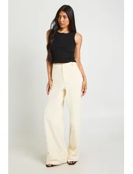Tall Turn Up Hem Twill Wide Leg Trousers - ecru