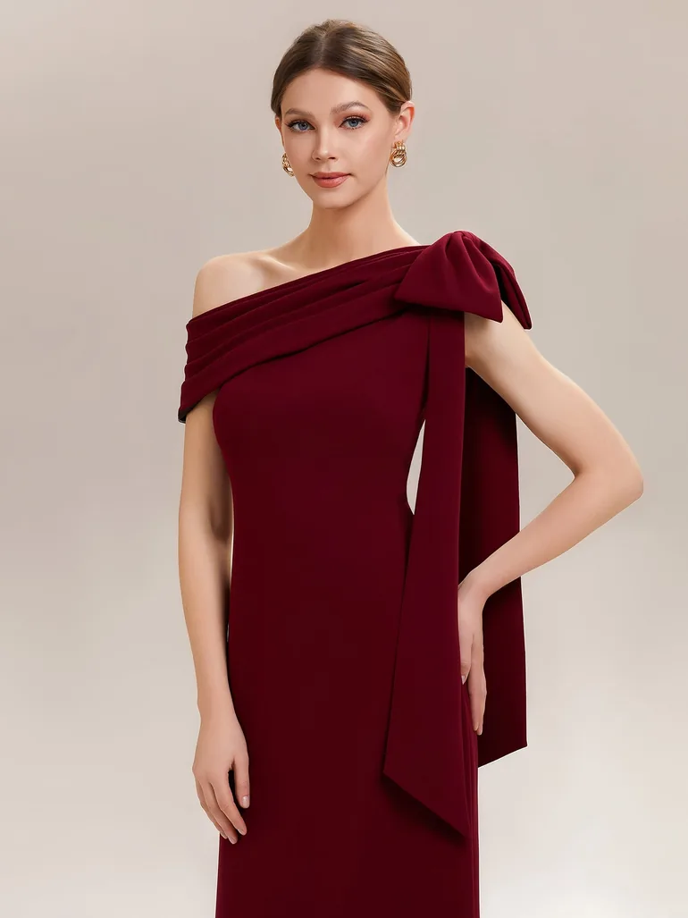 ever NOIR|Asymmetric Shoulder with Bow Knit Black Tie Formal Dress - 2