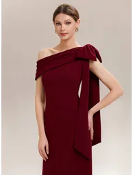 ever NOIR|Asymmetric Shoulder with Bow Knit Black Tie Formal Dress - 2
