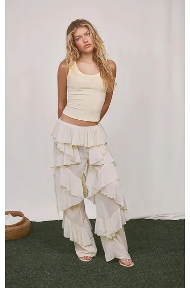 Cream Chiffon Ruffle Wide Leg Trousers