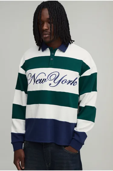 Tall Oversized Boxy Stripe New York Embroidered Ruby Polo - navy