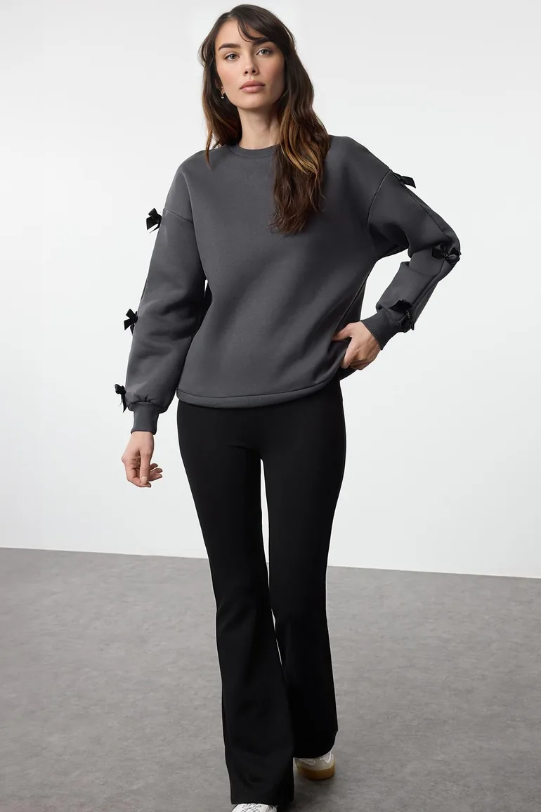 Anthracite Bow Detail Oversize/Wide Pattern Thick Polar Fleece Knitted Sweatshirt - 1