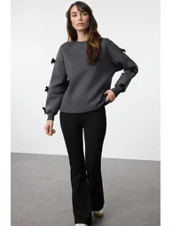 Anthracite Bow Detail Oversize/Wide Pattern Thick Polar Fleece Knitted Sweatshirt - 1