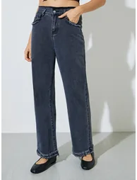 Charcoal Wide Leg Jeans with Frayed Raw-Edge - 1