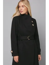 Petite Funnel Neck Tie Belt Coat - 1