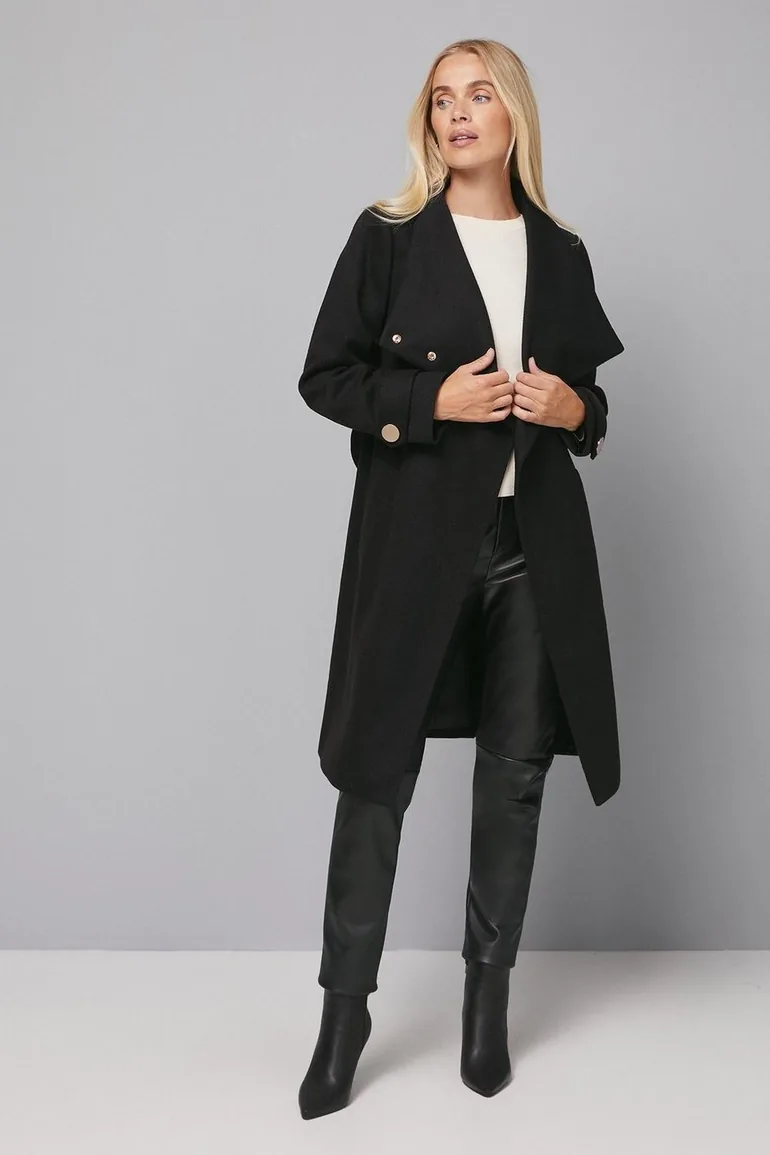Petite Funnel Neck Tie Belt Coat