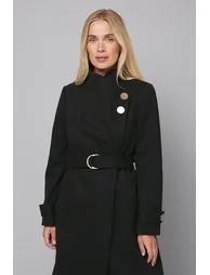 Petite Funnel Neck Tie Belt Coat - 2