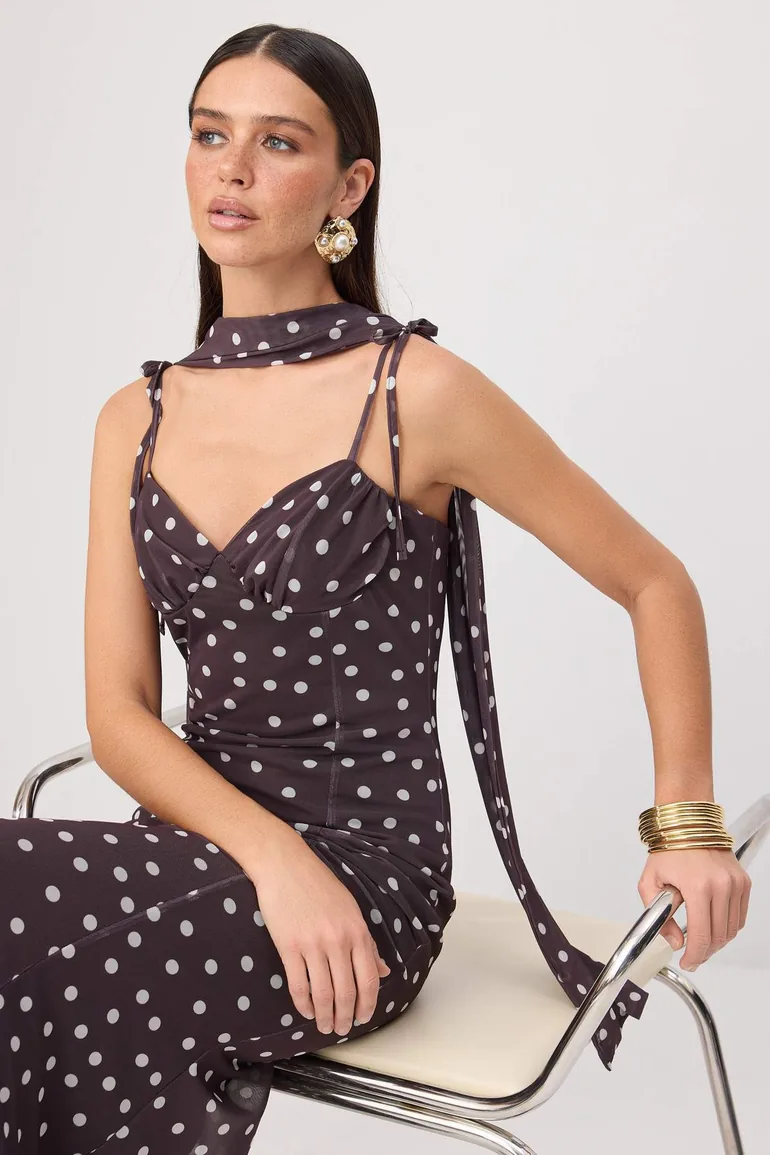 Brown-Multicolor Polka Dot Woven Tulle Maxi Evening Dress & Graduation Gown - 1