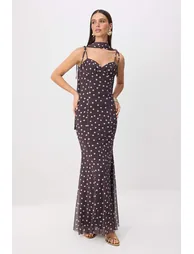 Brown-Multicolor Polka Dot Woven Tulle Maxi Evening Dress & Graduation Gown