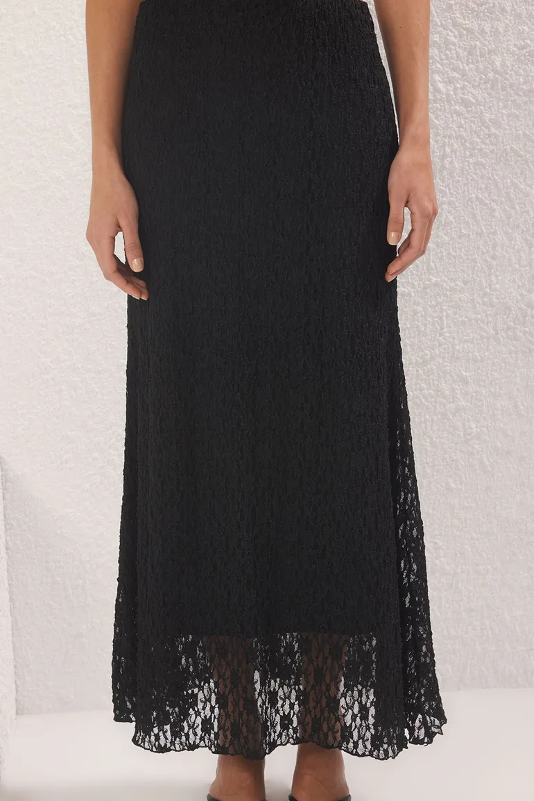 Black Skater Lace Midi Stretch Knit Skirt - 2