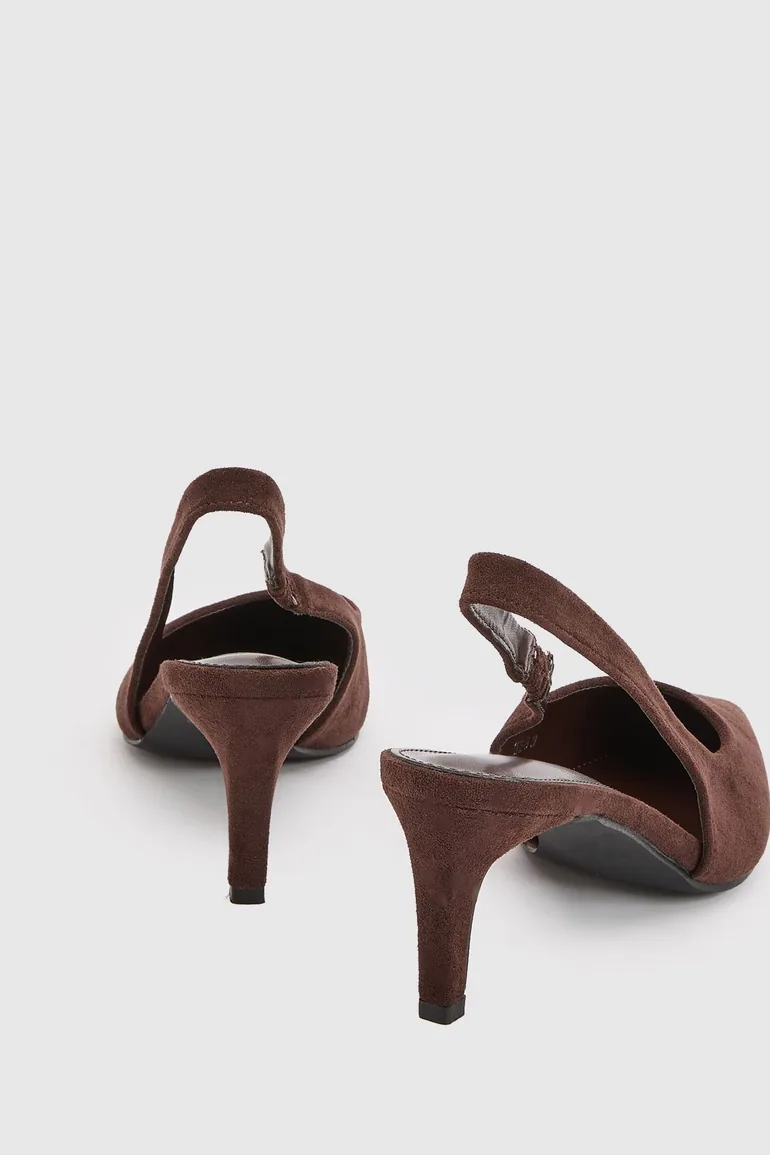 Faux Suede Low Stiletto Slingback Court Shoes - chocolate - 3