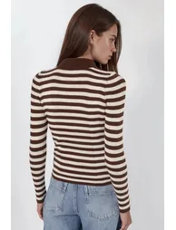 Striped Crew Neck Sweater with Button Detail - 1
