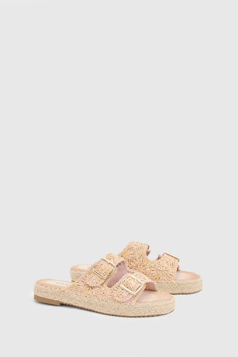 Eva Embroidered Espadrille Buckle Detail Flat Sandals