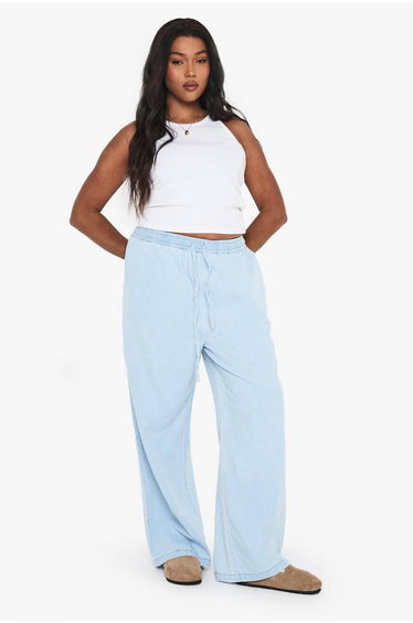 Plus Chambray Drawstring Wide Leg Trouser - light wash