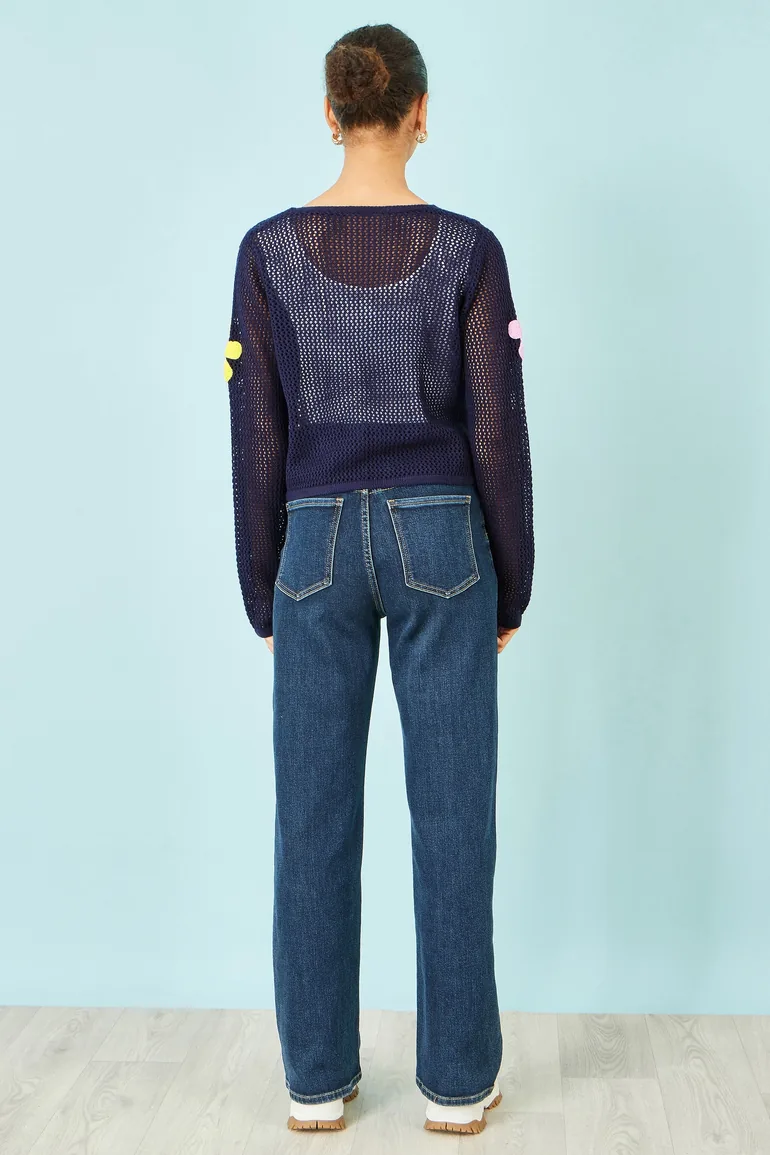 Yumi Navy Tie Front Cardigan With Flower Design - 2