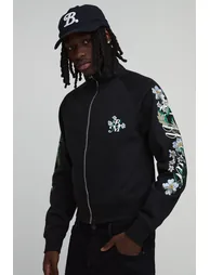 Funnel Neck Floral Embroidered Track Top - black