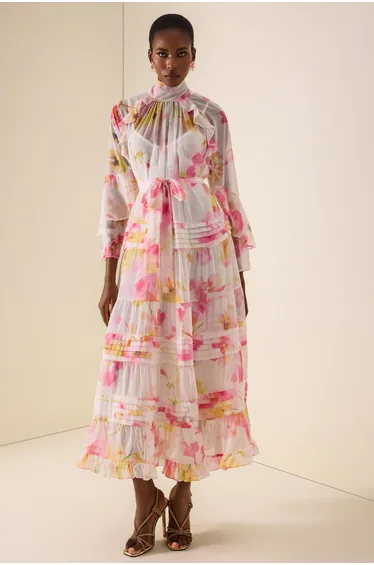 Floral Pleated Frill Midi Dress