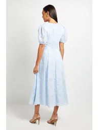 Floral Jacquard Puff Sleeve Midi Dress - 2