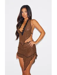 Petite Chocolate Lace Mini Skirt With Asymmetric Hem Detail - 2
