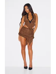 Petite Chocolate Lace Mini Skirt With Asymmetric Hem Detail